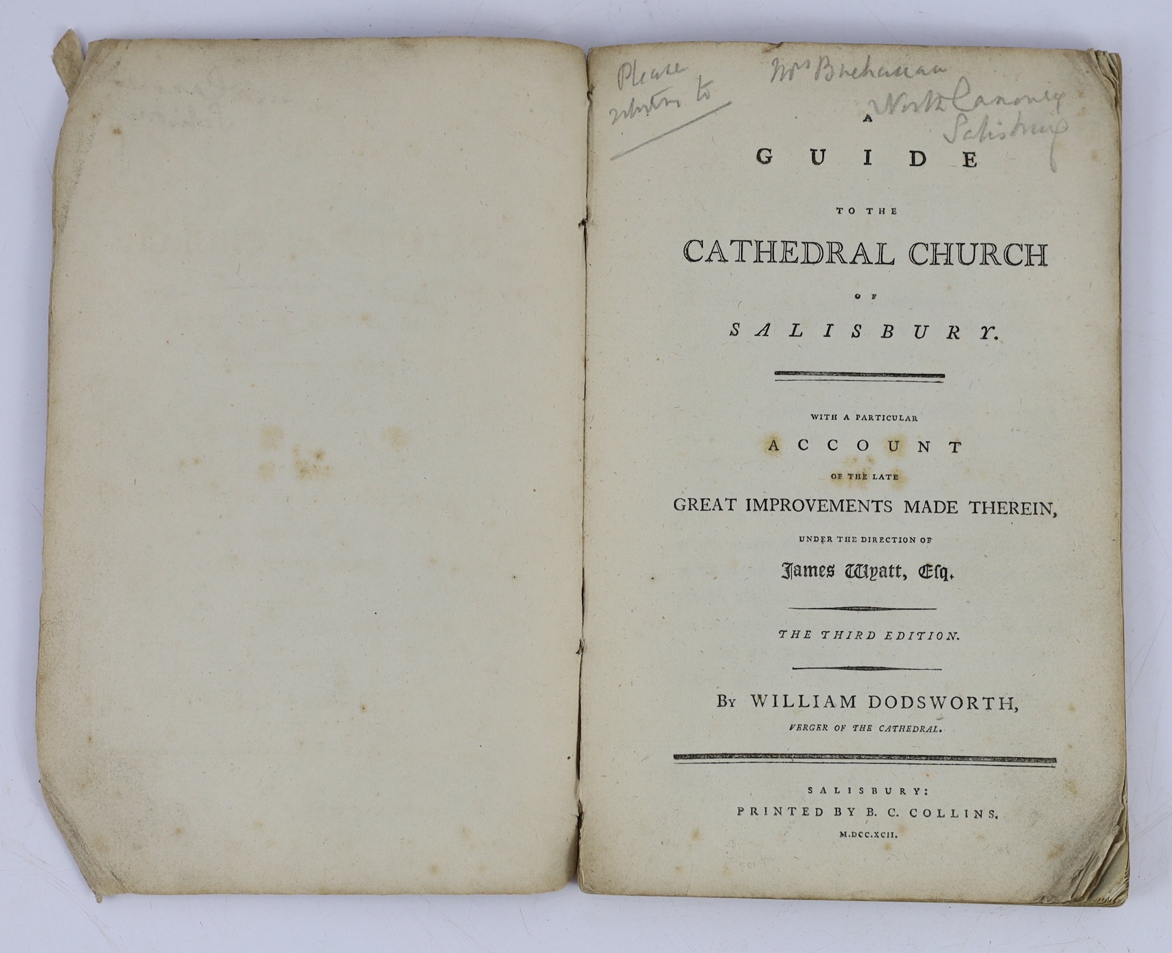 WILTS: Dodsworth, William - A Guide to the Cathedral Church of Salisbury. With a particular account of the improvements ... by James Wyatt. Esq. 3rd edition. contemp. marbled wrappers. Salisbury, 1792: Dodsworth, William